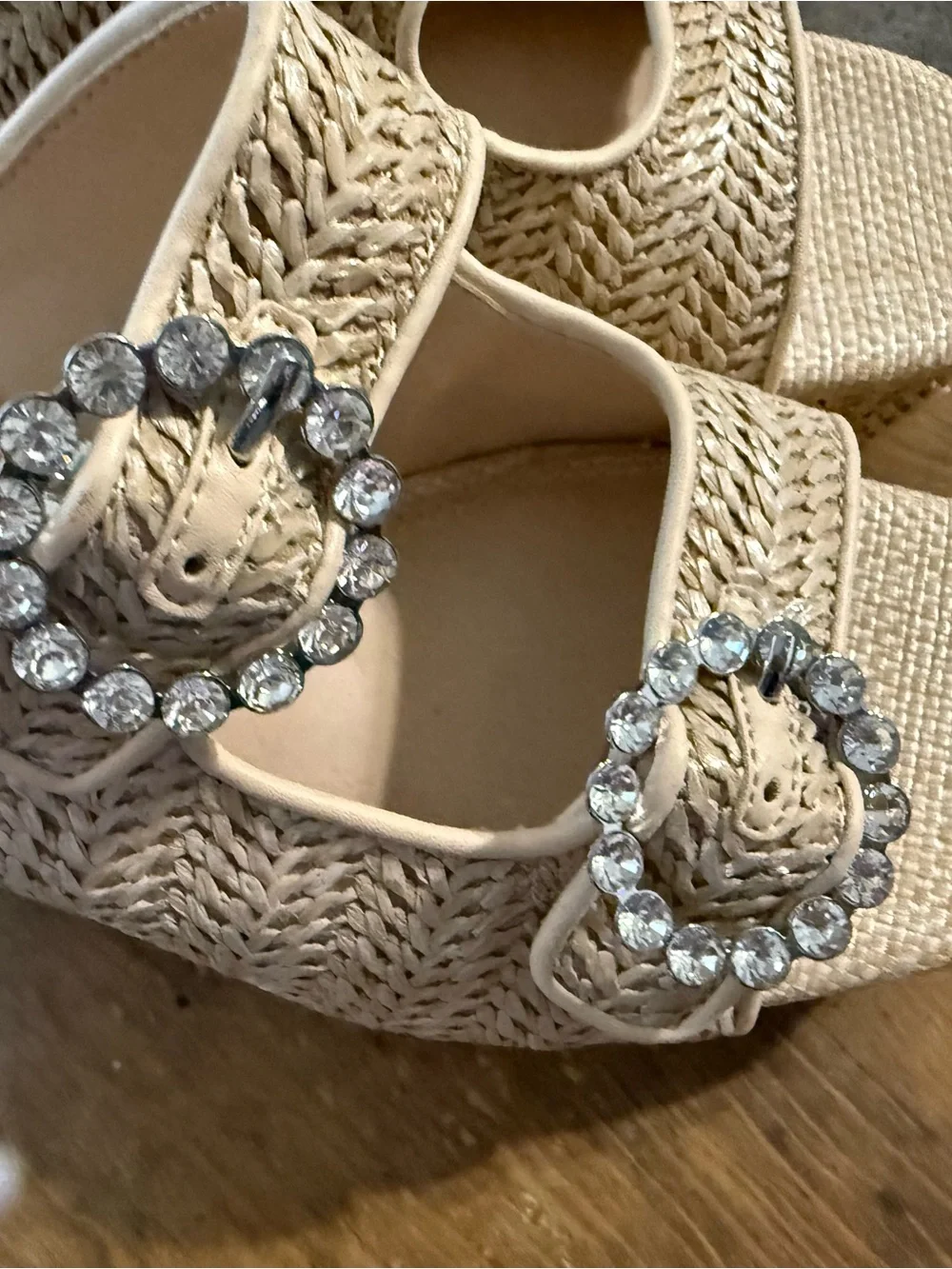 Gianni Bini Beige Raffia Platform Sandals with Crystal Buckles, Block Heel NWOT